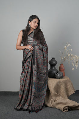 Jahangir Khatri - Traditional Ajrakh Hand Block Printed Modal Saree With Tassels - 41