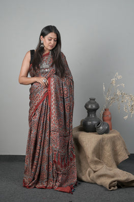 Jahangir Khatri - Traditional Ajrakh Hand Block Printed Modal Saree With Tassels - 43