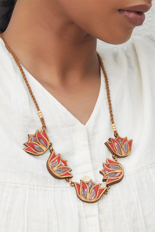 WHE Bloom Lotus Repurposed Fabric and Wood Red Necklace