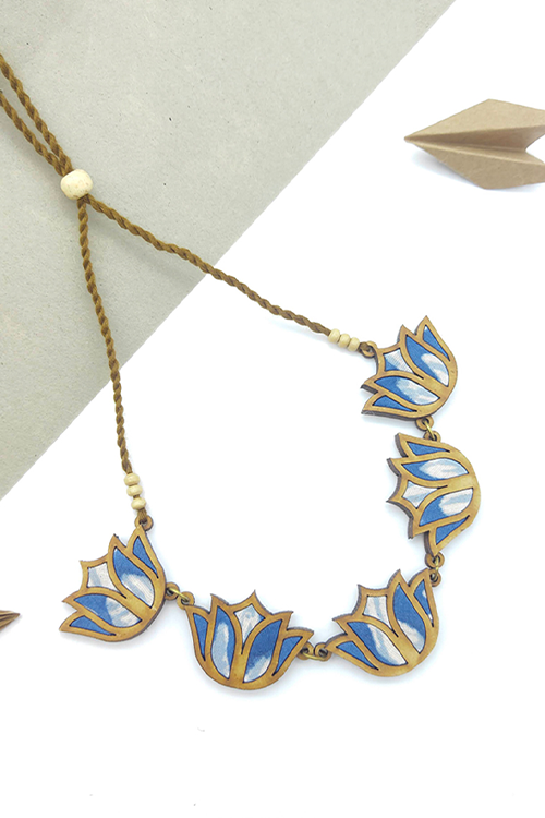 WHE Bloom Lotus Repurposed Fabric and Wood Indigo Necklace