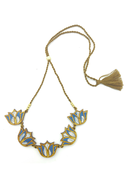 WHE Bloom Lotus Repurposed Fabric and Wood Indigo Necklace