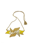 WHE Bloom Leaf Motif Repurposed Fabric and Wood Yellow Necklace