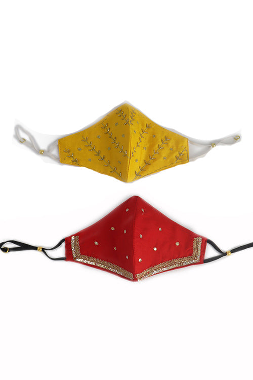 Yellow & Red Festive Hand-embroidered Mask Combo