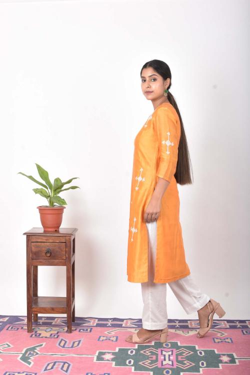 Urmul 'champa' Hand Embroidered mustard chanderi kurta