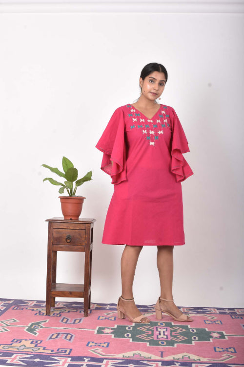 Urmul Monarch Fusia Embroidered Cotton Short Dress For Women Online