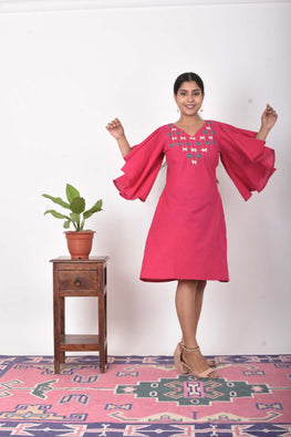 Urmul Monarch Fusia Embroidered Cotton Short Dress For Women Online