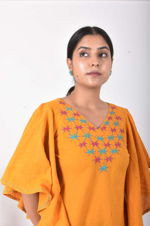 Urmul Dandelion Ochre Embroidered Handloom Cotton Dress For Women Online