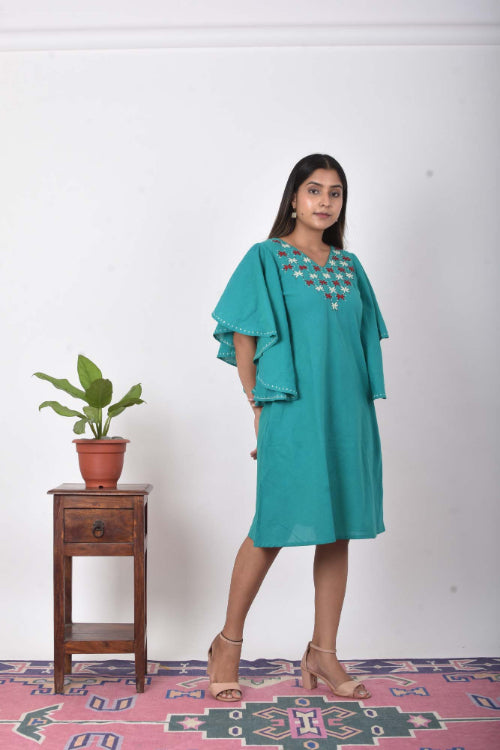 Urmul Regal Green Embroidered Handloom Cotton Short Dress For Women 