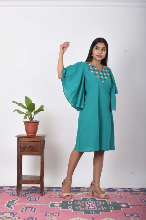 Urmul Regal Green Embroidered Handloom Cotton Short Dress For Women 