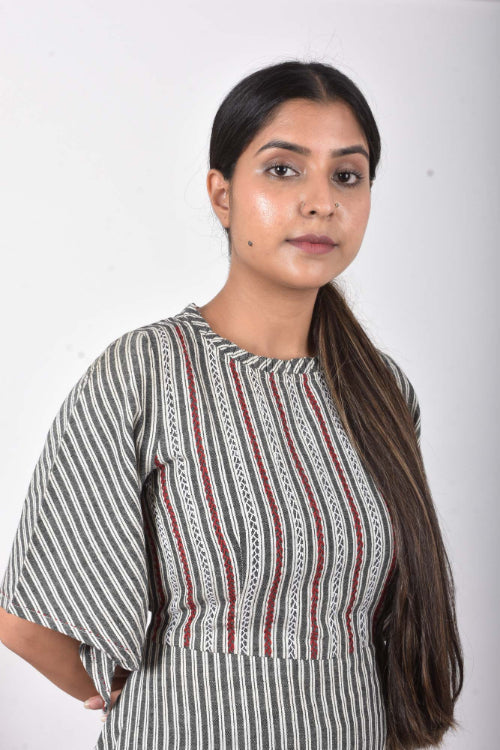 Urmul Pihu Grey Embroidered Handloom Cotton Short Dress For Women 