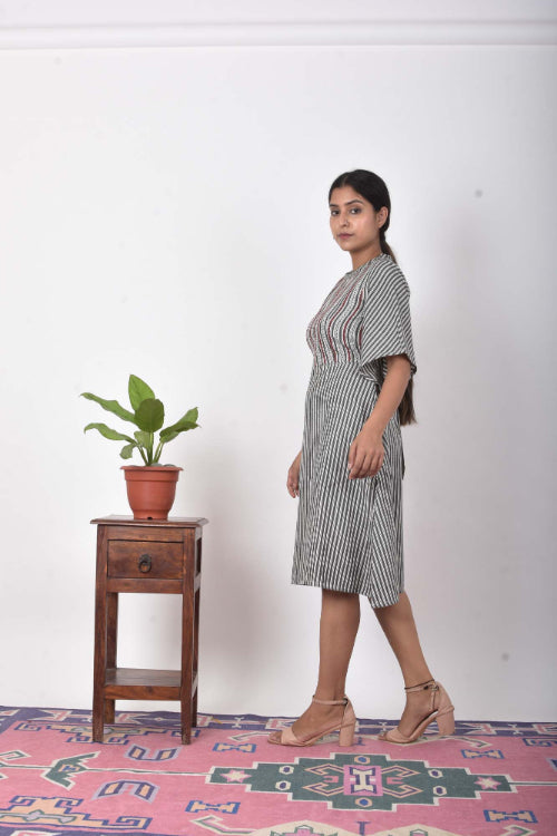 Urmul Pihu Grey Embroidered Handloom Cotton Short Dress For Women 