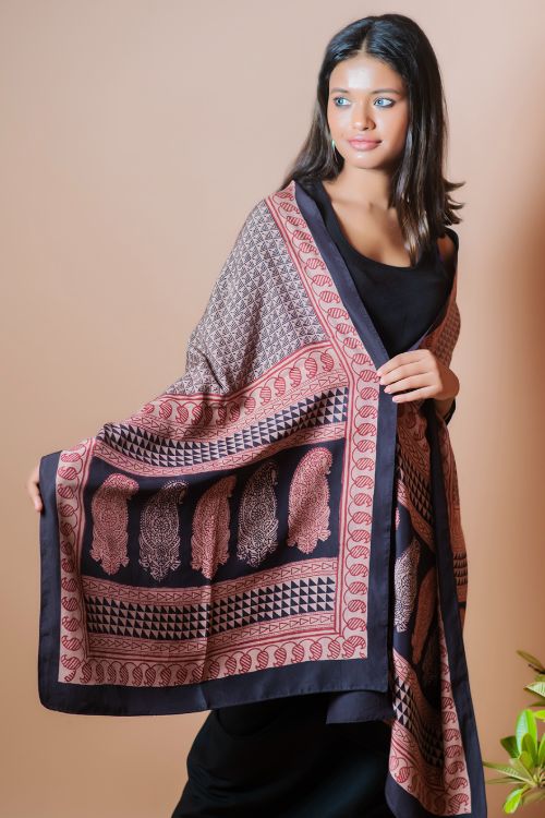 Pure Silk Bagh Printed Stole - Black Angle
