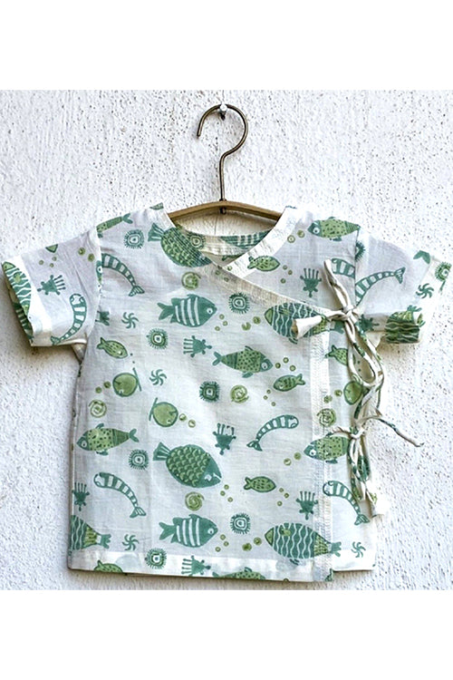 Whitewater Kids Unisex Organic Fish Print Angarakha Top With Mint Pants