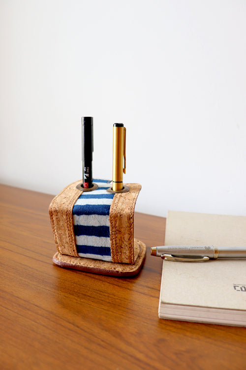 'Kirgiti's' Light Brown Vegan Leather and Dabu Print Canvas Indigo Stripes Pen Holder