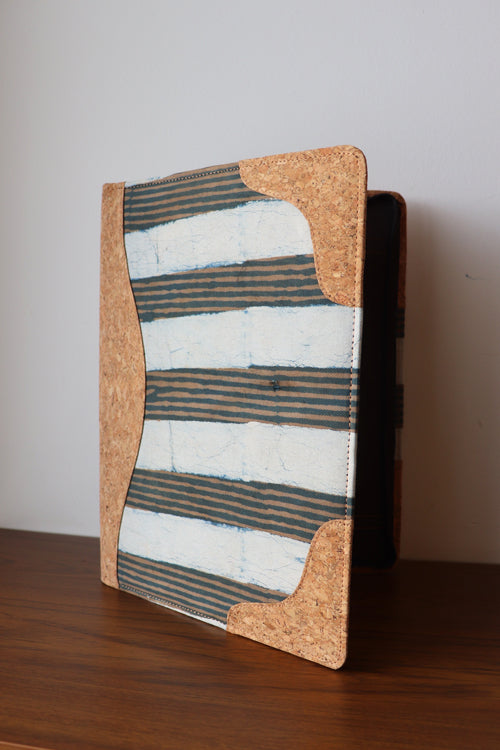 'Kirgiti's' Light Brown Vegan Leather and Dabu Print Canvas Multi Stripes Utility Folder