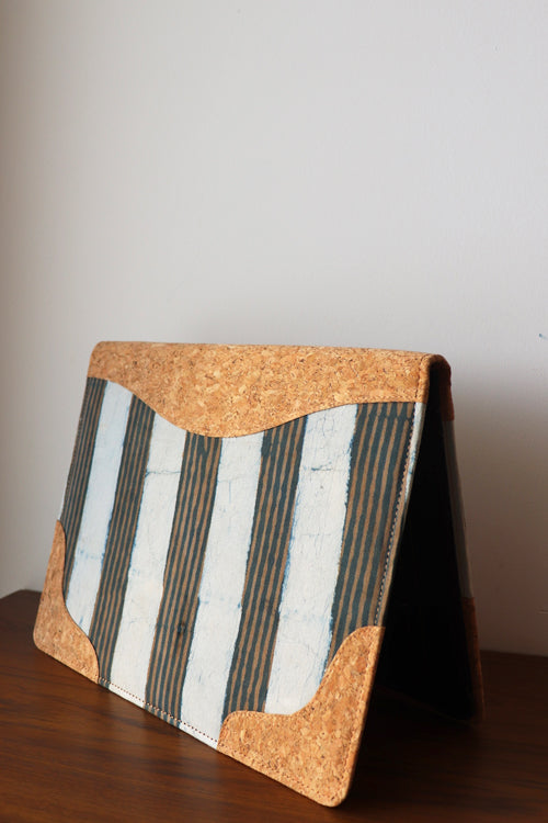 'Kirgiti's' Light Brown Vegan Leather and Dabu Print Canvas Multi Stripes Utility Folder