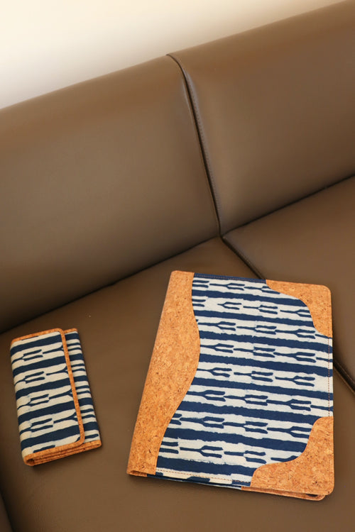 'Kirgiti's' Light Brown Vegan Leather and Dabu Print Canvas Indigo Fork Utility Folder