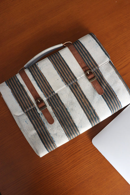 'Kirgiti's' Brown Vegan Leather and Dabu Print Canvas Multi Stripes Laptop Sleeve - 13"