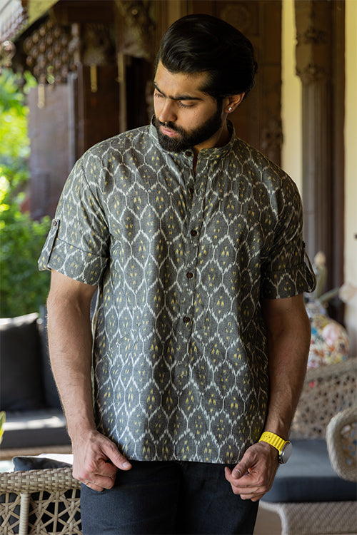 Mens Gray Cotton Shirt With Ikkat Weave