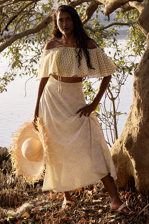 Daffodil Dream Cotton Hand Block Printed Summer Top & Skirt Set Online