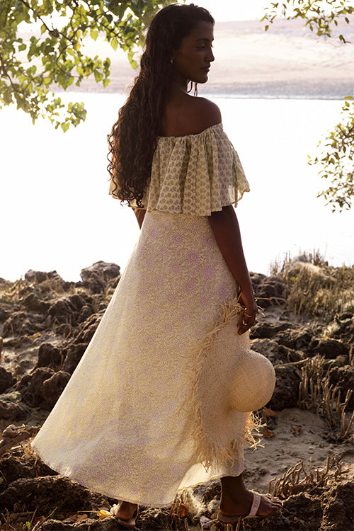 Okhai 'Daffodil Dream' Mul Cotton Hand Block Printed Top & Skirt Set