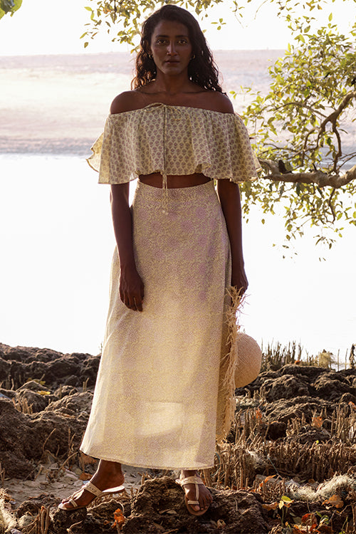 Okhai 'Daffodil Dream' Mul Cotton Hand Block Printed Top & Skirt Set