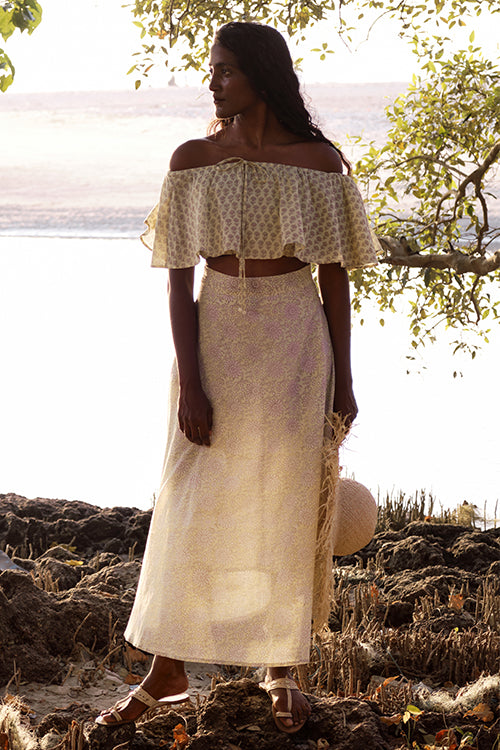 Okhai 'Daffodil Dream' Mul Cotton Hand Block Printed Top & Skirt Set