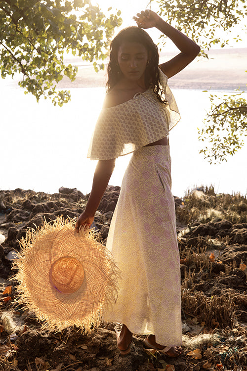 Okhai 'Daffodil Dream' Mul Cotton Hand Block Printed Top & Skirt Set