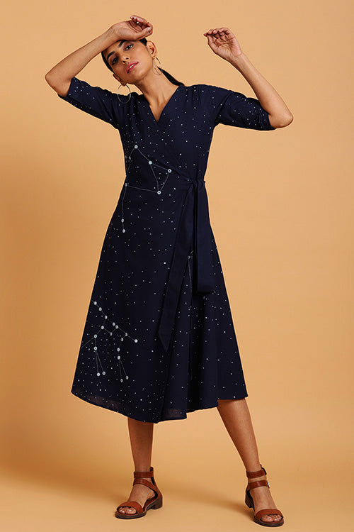 Okhai Constellations Embroidered V Neck Indigo Wrap Dress For Women Online
