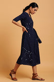 Okhai Constellations Embroidered V Neck Indigo Wrap Dress For Women Online