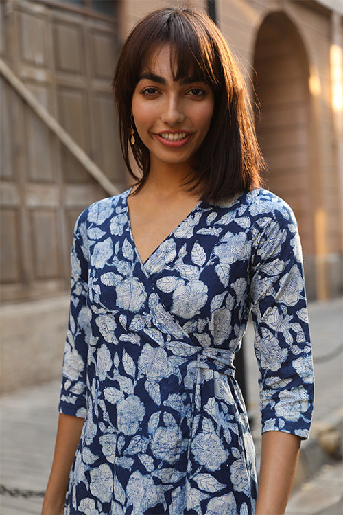 Buy Okhai Ikigai Pure Cotton Indigo Wrap Dress Online Buy Okhai Ikigai Pure Cotton Indigo Wrap Dress Online