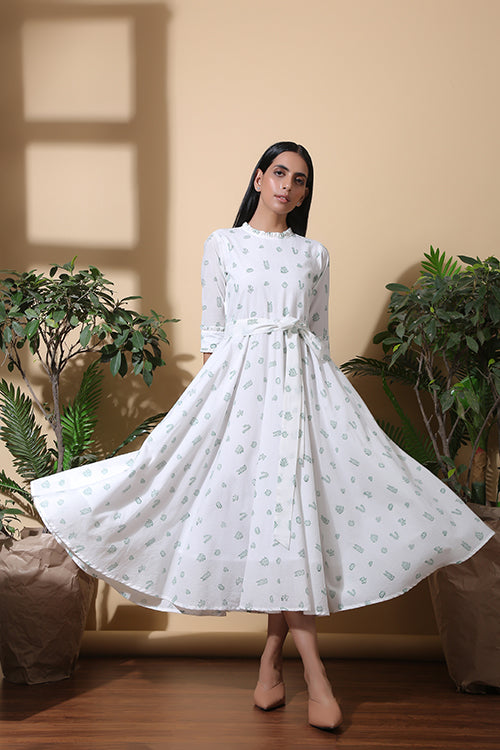 Cacti Garden Hand Block Printed Pure Cotton Summer Dress For Women 