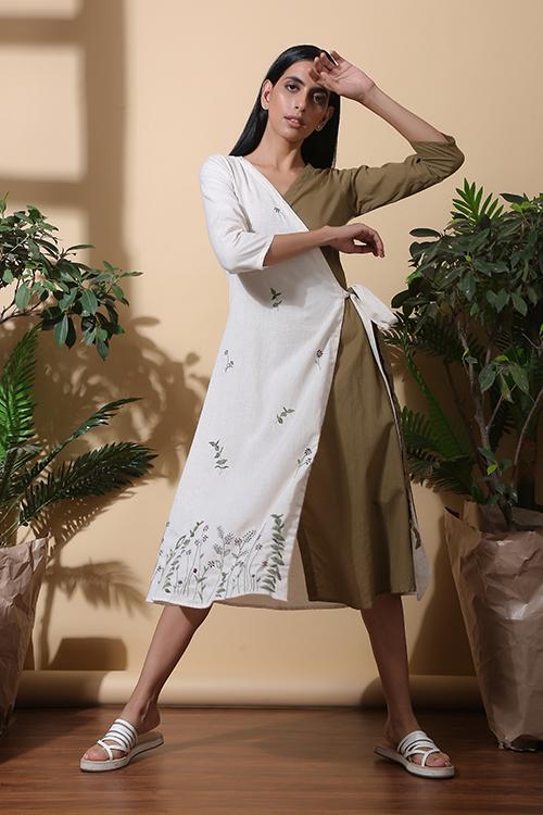 Okhai Natural Hand Embroidered Pure Cotton Wrap Dress For Women Online