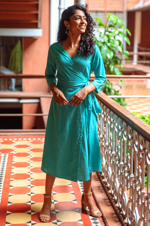 Okhai 'Aquaflora' Pure Cotton Handloom Wrap Dress