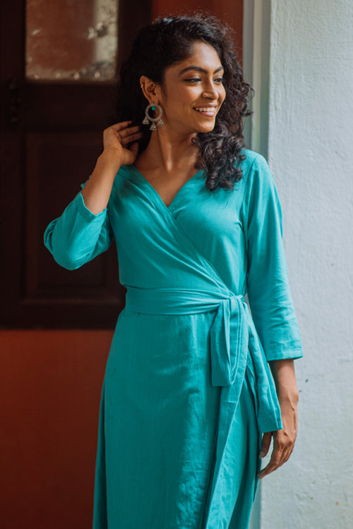 Okhai 'Aquaflora' Pure Cotton Handloom Wrap Dress