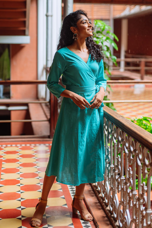 Okhai 'Aquaflora' Pure Cotton Handloom Wrap Dress