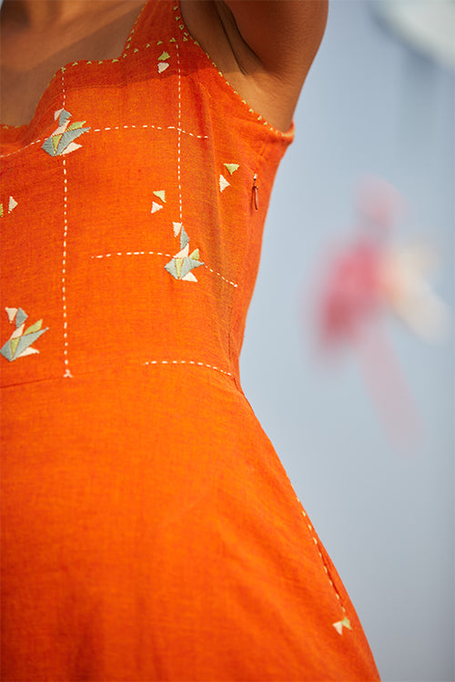 Okhai 'Hummingbird' Cotton Handloom Hand Embroidered Sleeveless Dress