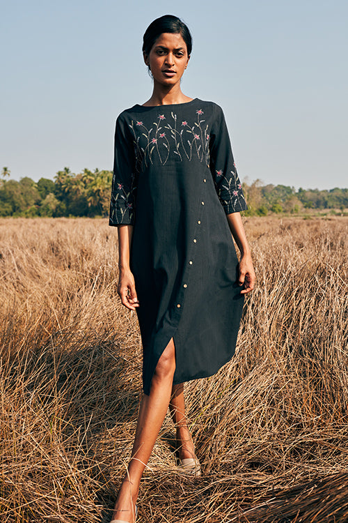 Okhai Purpose Pure Cotton Mirror Work Black Embroidered Dress Online