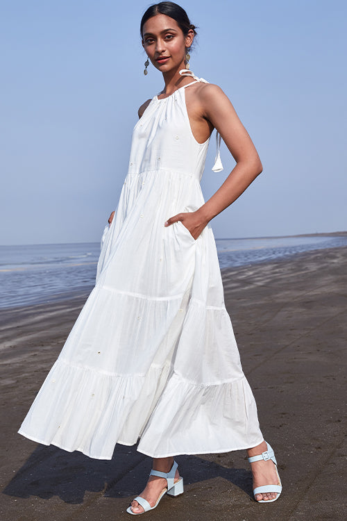 Buy Okhai Ice Crystal Mirror Work White Pure Cotton Dress Online ...
