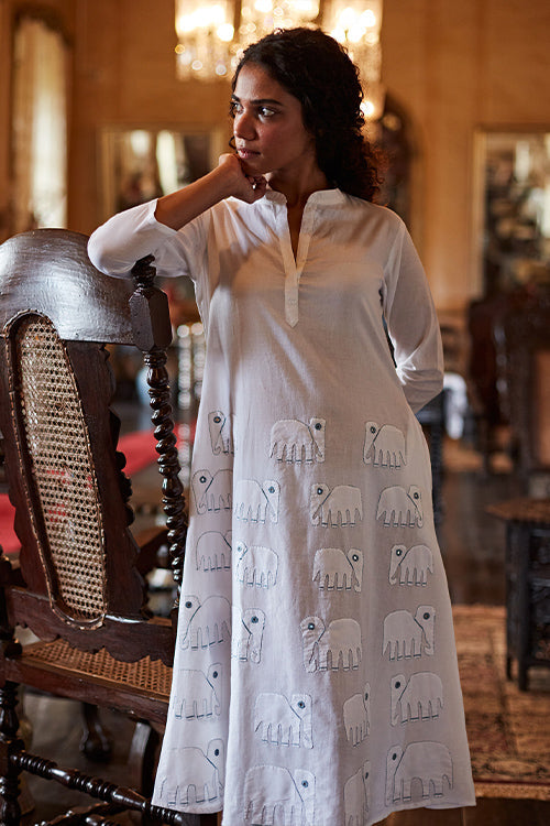 Okhai 'Ivory Tusk' Hand Embroidered Mirror Work Pure Cotton Dress | Rescue