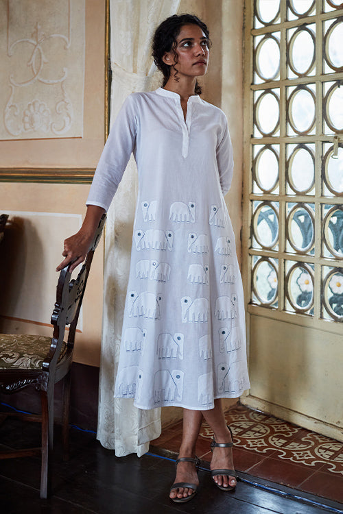 Okhai 'Ivory Tusk' Hand Embroidered Mirror Work Pure Cotton Dress | Rescue