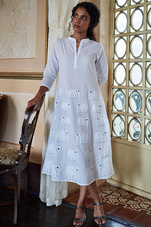 Okhai Ivory Tusk Hand Embroidered Mirror Work White Pure Cotton Dress