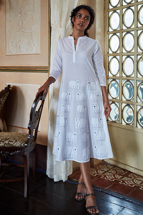 Okhai 'Ivory Tusk' Hand Embroidered Mirror Work Pure Cotton Dress | Rescue