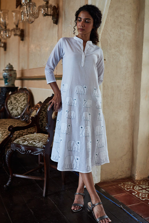 Okhai 'Ivory Tusk' Hand Embroidered Mirror Work Pure Cotton Dress | Rescue