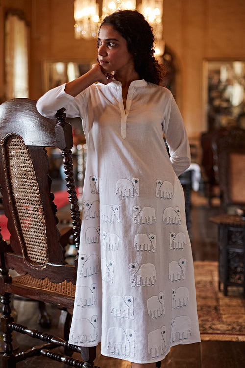 Okhai 'Ivory Tusk' Hand Embroidered Mirror Work Pure Cotton Dress | Rescue