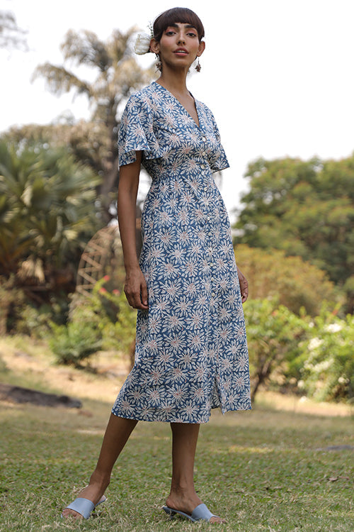 Okhai 'Flower Field' Pure Cotton Indigo Hand Block Printed Dress | Rescue