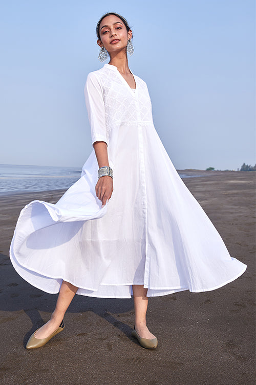  Seher White Hand Embroidered Pure Cotton Chikankari Dress For Women Online