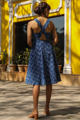 Okhai 'Equinox' Pure Cotton Indigo Sleeveless Cross-Back Dress