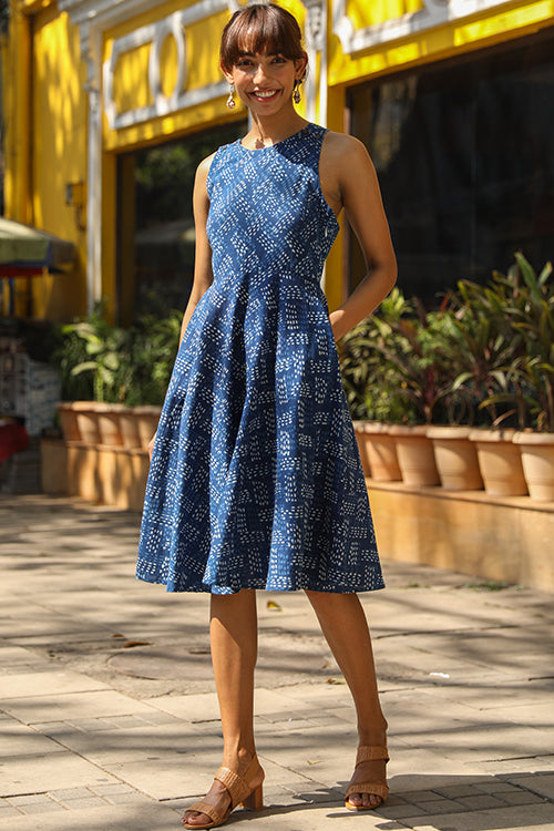 Okhai 'Equinox' Pure Cotton Indigo Sleeveless Cross-Back Dress