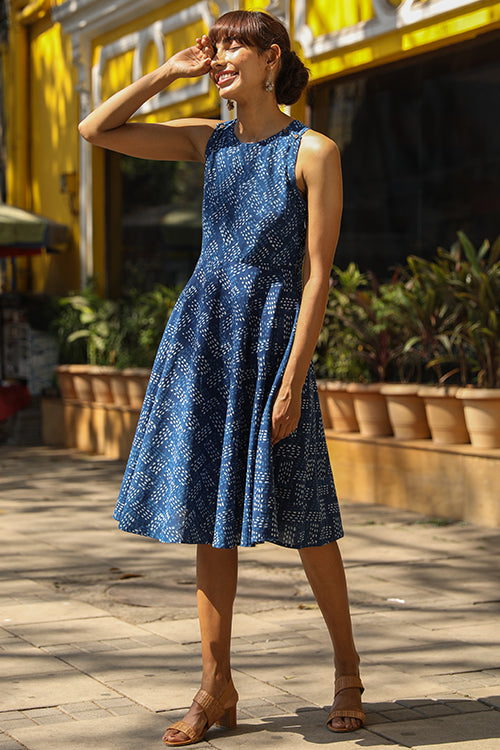 Okhai 'Equinox' Pure Cotton Indigo Sleeveless Cross-Back Dress